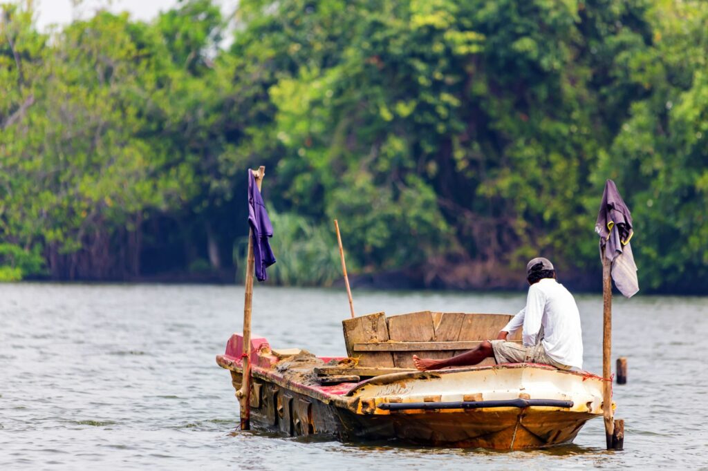 Traditional Sri Lankan fisherman in river back view