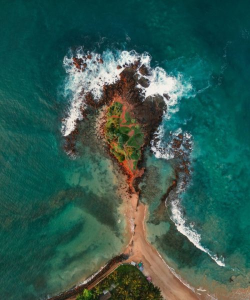 Aerial Drone View of Sri Lanka Small Island Parrot Rock, Mirissa Beach